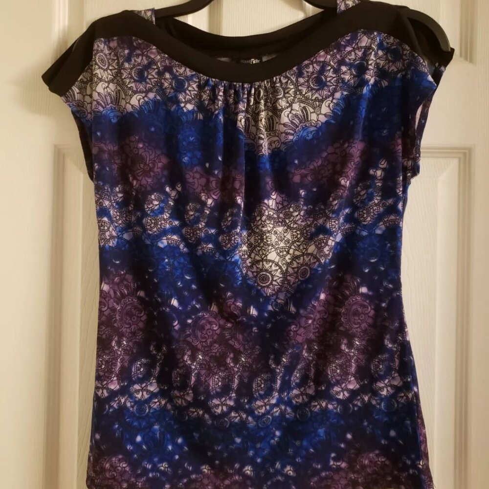 East 5th Boho Women's Blue Purple Slit Sleeve Top Tie Dye Mandala Small Blouse